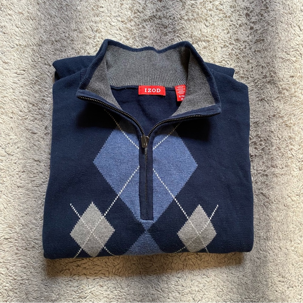 Izod 1/4 Zip Pullover Diamond Cut Sweater Mens XL Navy Blue Light Blue Grey